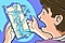 A cartoon illustration of a boy holding his smartphone in shock as a mother and father appear to be waving and monitoring his activity as they hold a magnifier and binoculars.