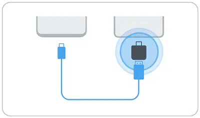 Image showing how to connect two Galaxy phones by USB cable and a port adapter