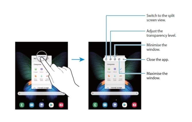 pop-up view, Open in pop-up view, Run Multiple Apps, Galaxy Fold