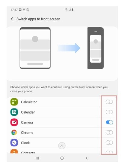 Choose apps to continue to use on front screen