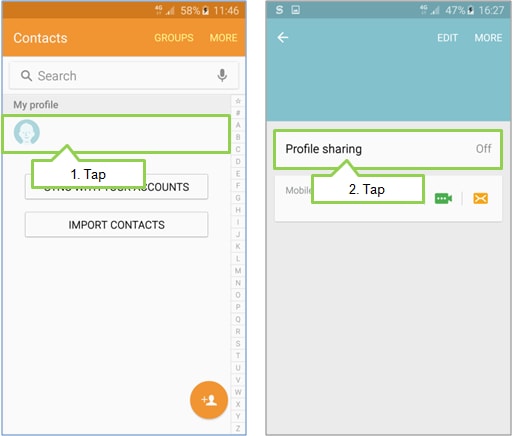 How do I use profile sharing to share my profile with others on Galaxy S6/ S6 edge?