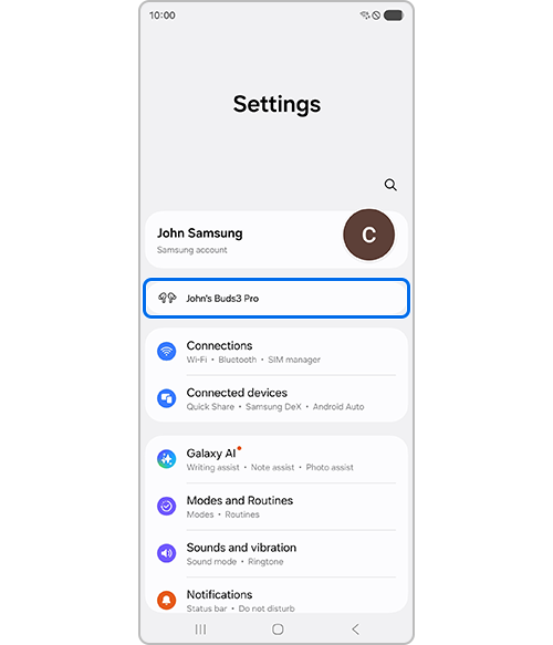 Connected Galaxy Buds through Settings