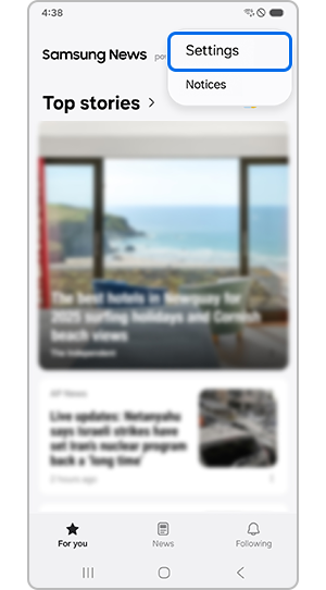Settings selected on the Samsung News page