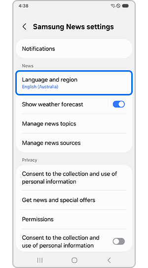 Displaying Samsung News settings page