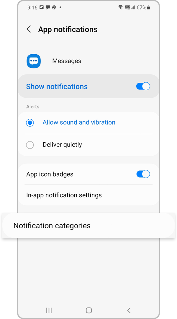 From Messages, tap Notification categories