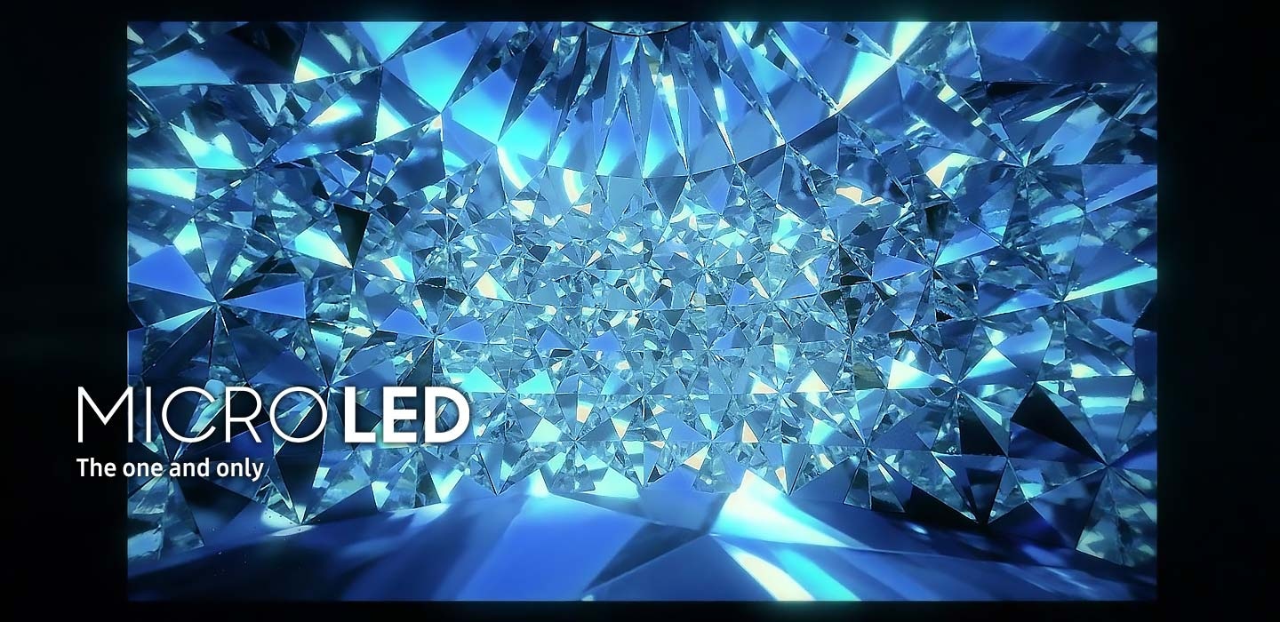 MICRO LED The one and only. A colourful flowerbed moves like a wave. A red, blue and green butterfly flaps its wings on a pink flower. A screen showcases more LEDs attached at a higher density. The faceted sapphire stone breaks into small pieces and are put back together into a big LED screen.
