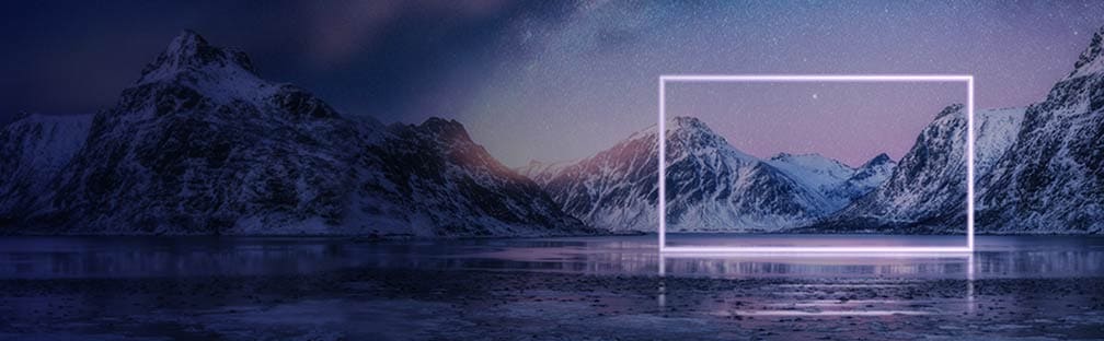 A neon white frame sits on a wide, icy lake surrounded by snow covered mountains under a starry night sky