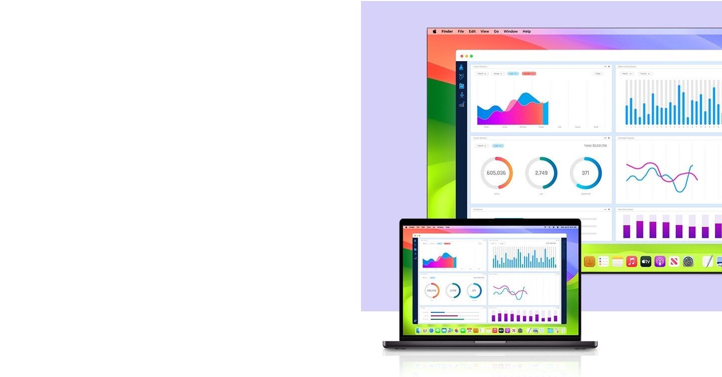 Graphs and analytical materials on an Apple device is mirrored on a Samsung Smart TV.