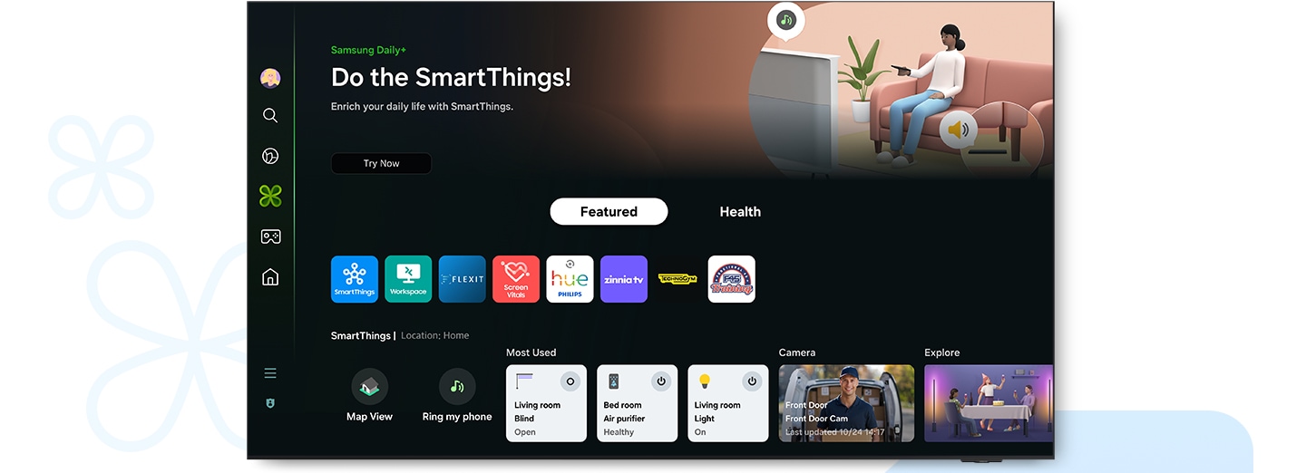 Samsung Daily+ 的主畫面顯示各種應用程式和服務。上方的文字為 Do the SmartThings and Enrich your daily life with SmartThings。畫面向下滑動,突顯出最常用的智能裝置和各種 Workspace 功能。畫面向上滑動,顯示類別從精選切換到健康。畫面向下滑動,反白顯示「健康」類別中的 Technogym 和 Workout Tracker 選項。就運動追蹤器而言,Galaxy Watch 6 選項會反白顯示。