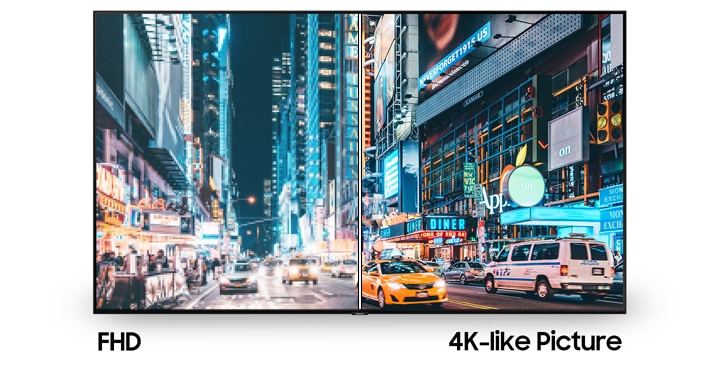 The city night view displayed on the TV screen is divided with 4K resolution and Full HD resolution picture quality. The 4K-like picture quality on the right side brings a more realistic image than the other side showing Full HD picture quality.