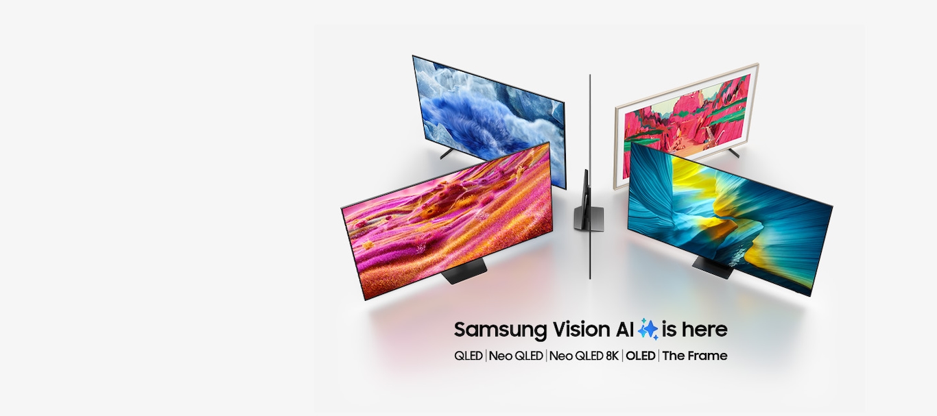 A blank TV sits alone. A vivid blue abstract landscape appears on screen. The TV suddenly moves to occupy a central position surrounded by four other TV models. Text below reads Samsung Vision AI is here. QLED, Neo QLED, Neo QLED 8K, OLED, and The Frame.