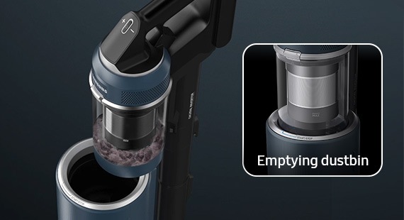 Seen from above, a Bespoke Jet™ stick vacuum cleaner with dust inside is being placed in an All-in-one Clean Station. Next to it is 1 close-up: Emptying dustbin.