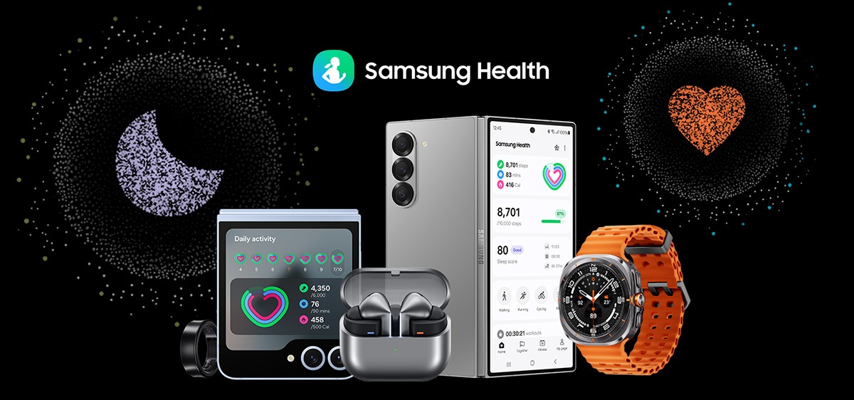 Galaxy Ring, Galaxy Z Flip6, Galaxy Buds3 Pro, Galaxy Z Fold6 and Galaxy Watch Ultra are grouped together with the text 'Samsung Health' above them. Large app icons for sleep tracking and heart rate tracking are hovering over the devices.