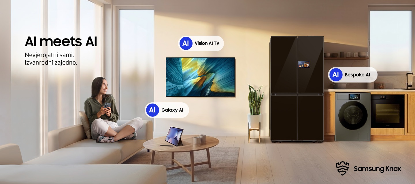 Lady sitting on a couch, enjoying Samsung AI products' seamless connections to eachother, secured by Samsung Knox. AI meets AI, amazing alone, extraordinary together.