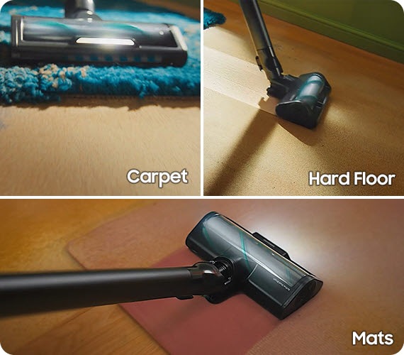 Samsung Jet Combo čisti različite površine uključujući tepihe, tvrde podove i prostirke uz AI način čišćenja, ostavljajući čist pod dok se kreće.