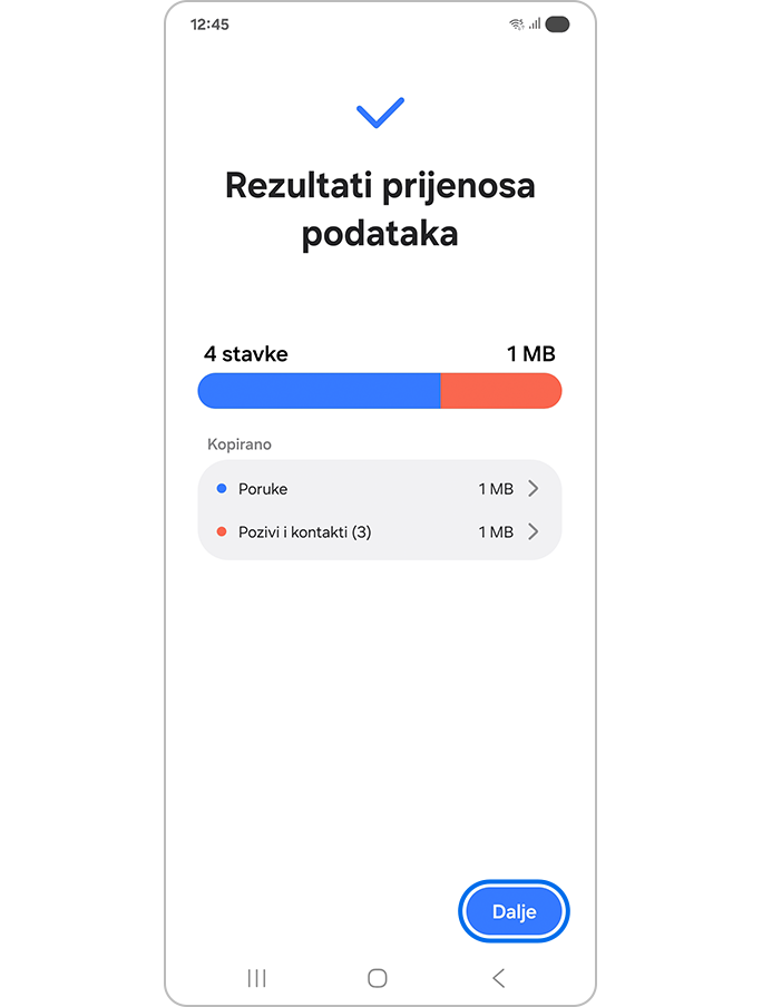 Dodirivanje gumba Dalje nakon primanja