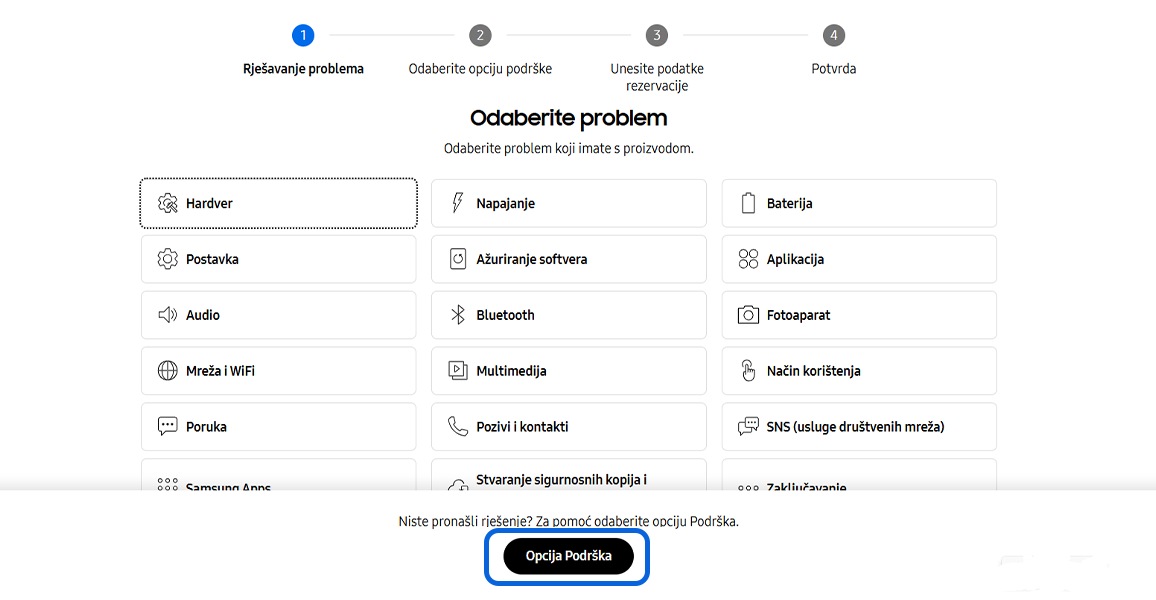 Korak 5:  Ako ponuđena rješenja nisu korisna, odaberite  Podrška pri dnu stranice.
