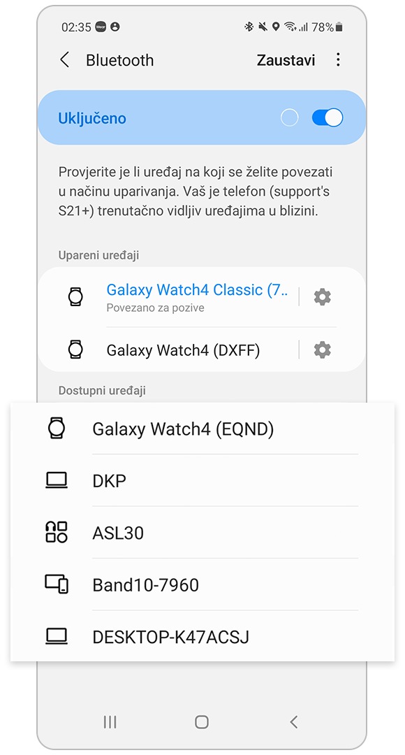 odabir s popisa dostupnih uređaja za uparivanje