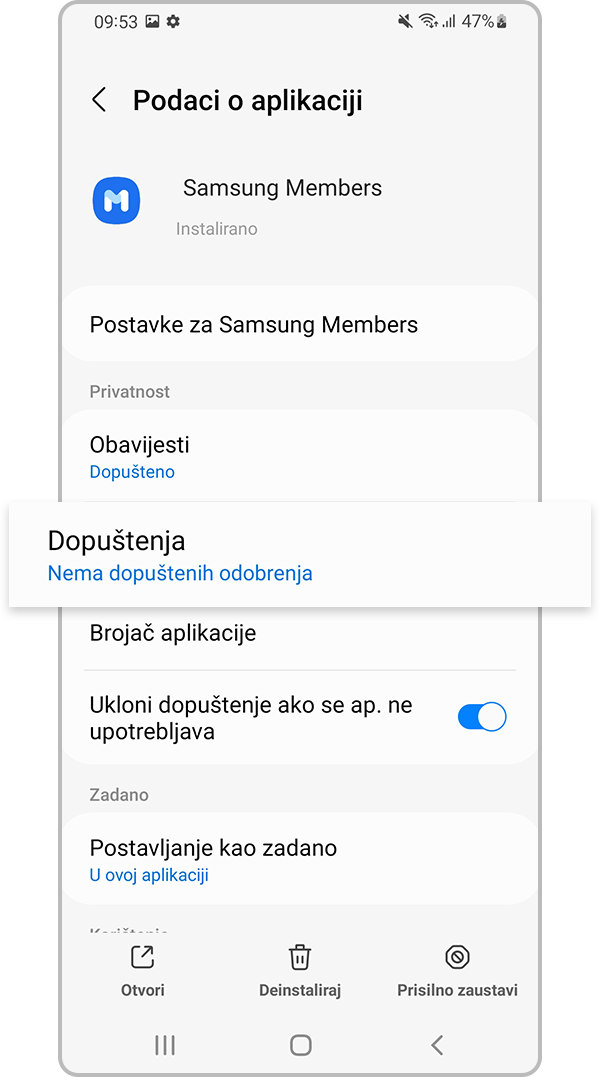 Odaberite dopuštenja aplikacije