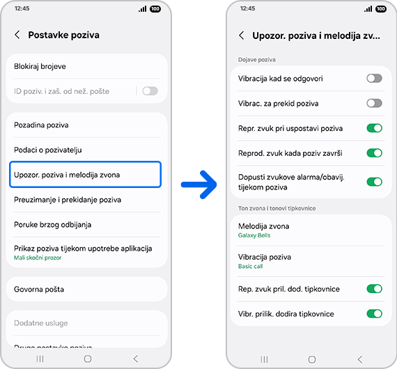 Zaslon "Postavke poziva" s istaknutim "Uzopor. poziva i melodija zvona". "Uzopor. poziva i melodija zvona" ekran.