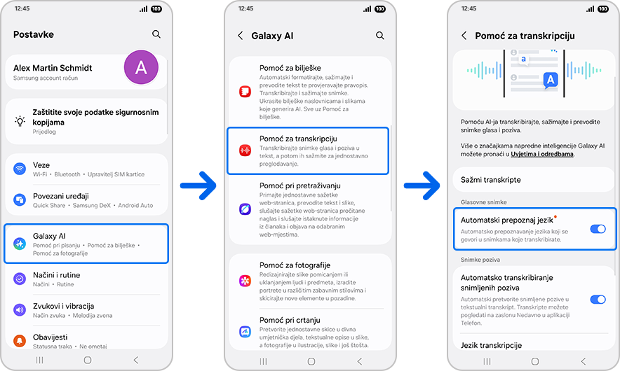 Ekran “Postavke” s označenim “Galaxy AI”. Ekran “Galaxy AI” s označenim “Pomoć za transkripciju”. Ekran “Pomoć za transkripciju” označenim “Automatski prepoznaj jezik“.