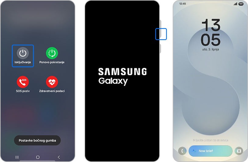 Zaslon "Isključi".			Samsung Galaxy telefon s istaknutom tipkom za "Smanjivanje glasnoće". Zaključani zaslon s istaknutom opcijom "Siguran način rada".