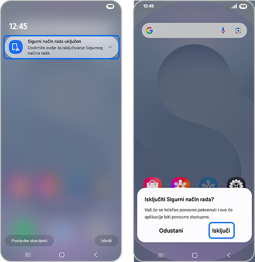 Zaslon "Obavijesti" s istaknutom opcijom "Sigurni način rada uključen".		Popup "Sigurni način rada" s istaknutim "Isključi".
