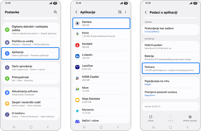 Zaslon "Postavke" s istaknutim "Aplikacije".	Zaslon "Aplikacije" s istaknutom "Kamera".		                   Zaslon "Podaci o aplikaciji" s istaknutim "Pohrana".
