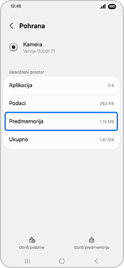 Zaslon "Pohrana" s označenom "Predmemorija".