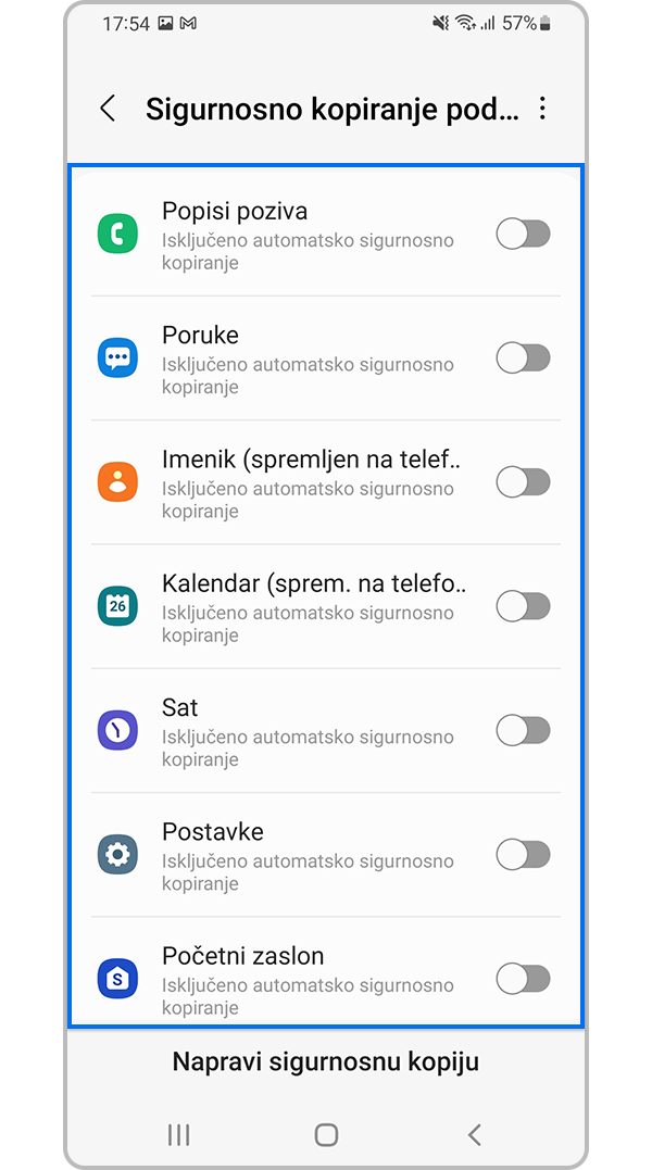 Odaberite vrstu podataka za prijenos u Samsung Cloud