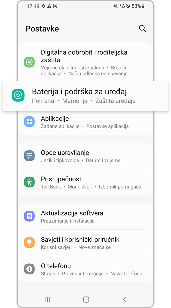 Postavke Baterija i podrška za uređaj