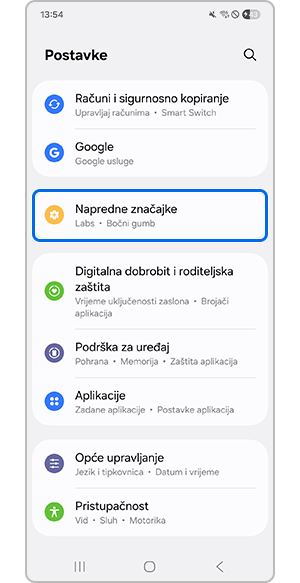 Odabir izbornika Napredne značajke