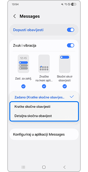 Dodirivanje opcije Kratke skočne obavijesti ili Detaljna skočna obavijest