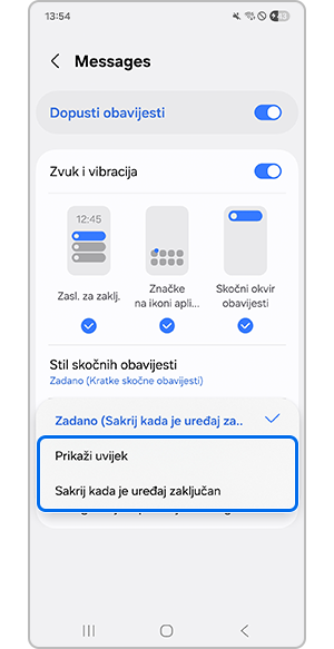 Doodirivanje opcije Prikaž/skrivanje sadržaja kada je uređaj zaključan