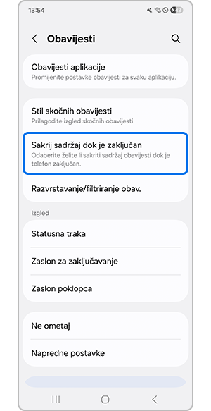 Odabir opcije Sakrij sadržaj dok je zaključan