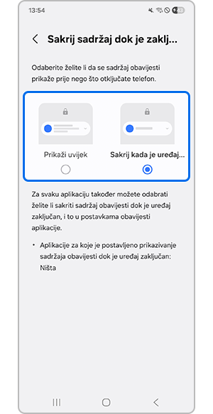 Dodirivanje opcija Prikaži uvijek ili Sakrij kada je uređaj zaključan