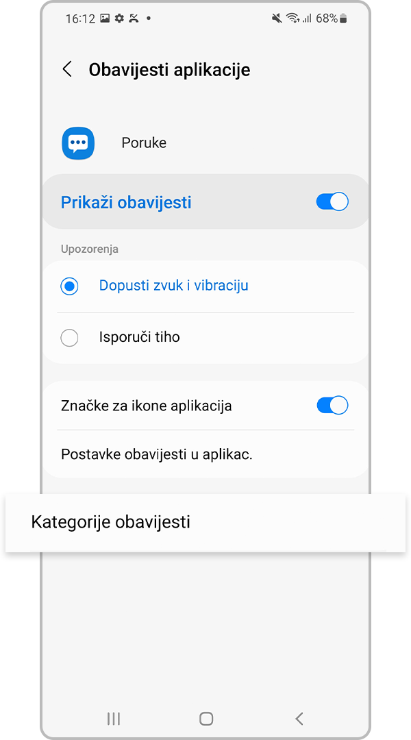 Pod Poruke dodirnite Kategorije obavijesti
