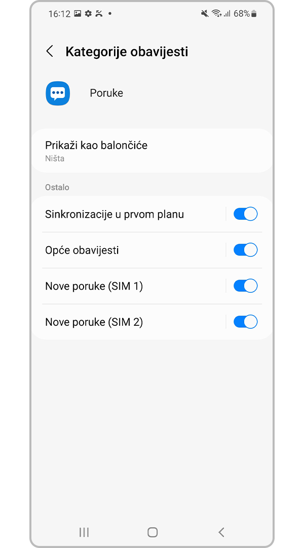 Postavite željene postavke za Kategorije obavijesti