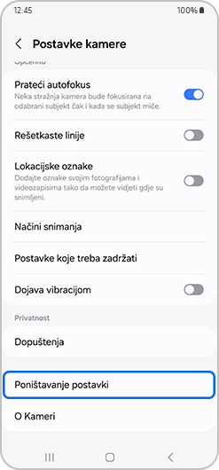 vraćanje tovarničkih postavki aplikacije za fokusiranje kamere