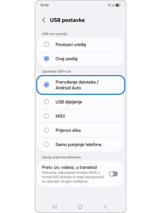 Odabir funkcije Prenošenje datoteka