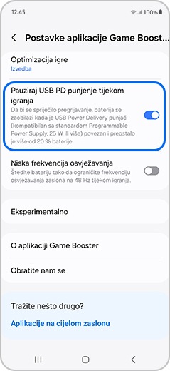 Značajka Pauziraj USB PD punjenje istaknuta je u postavkama Pojačivača igre