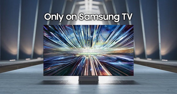 Prikaz sprijeda Samsung TV-a koji prikazuje šarenu grafiku. Samo na Samsung TV-u.