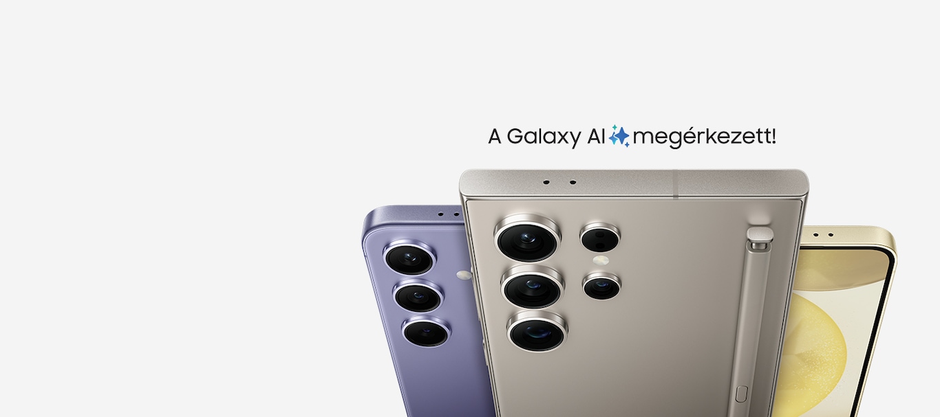 A képen Galaxy S24 szériás telefonok láthatók, felette a Galaxy AI megérkezett felirattal.