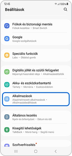 Alkalmazások kiválasztva a Beállítások menüben
