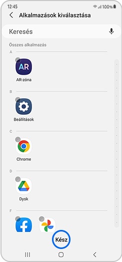 Kész kiválasztása a rejtett alkalmazások menüben