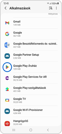 Google Play Áruház kijelölve a beállítások alkalmazások menüjében