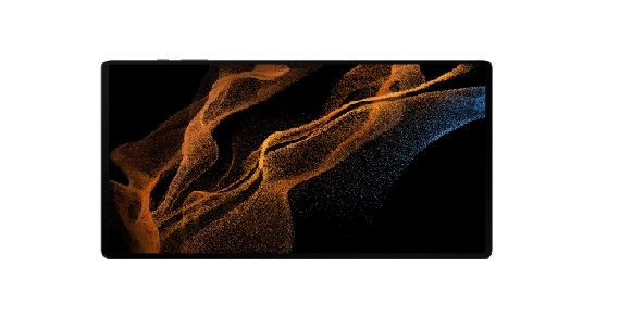 Előre néző Misztikus Fekete színű Galaxy Tab S8 FE bíbor színű kompozíciót megjelenítő képernyővel.