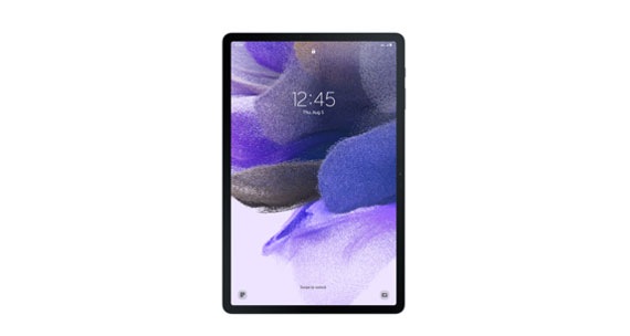 Előre néző fantomfekete Galaxy Tab S7  készülék, bíbor kompozíciót megjelenítő képernyővel.