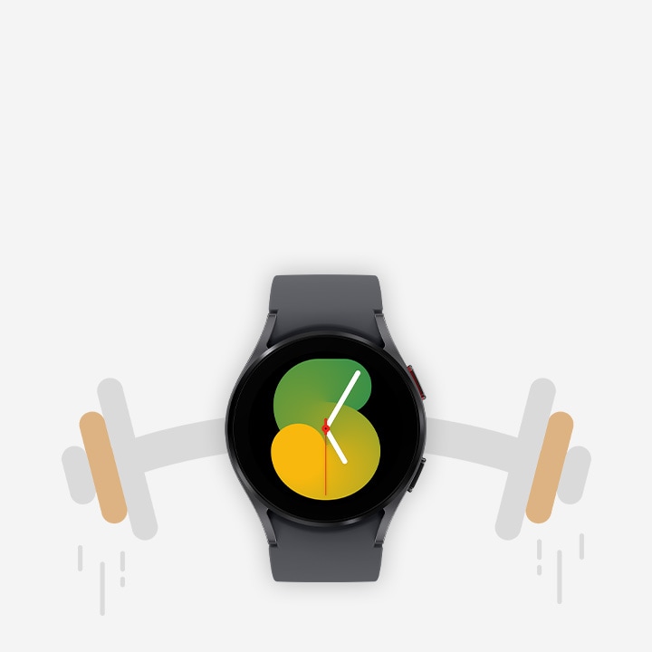 'A Galaxy Watch4 fekete sportszíjjal, a háttérben súlyzót ábrázoló képpel.
