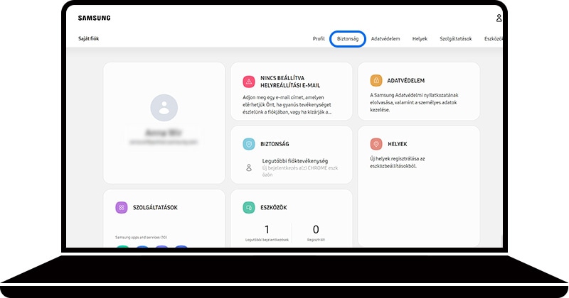 Biztonság kiválasztva a Samsung fiók weboldalának Saját fiók részén